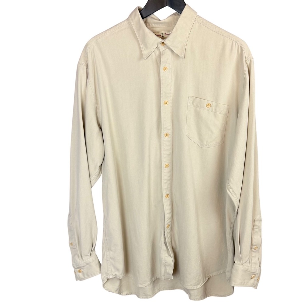 Tommy Bahama Silk Shirt Mens XL Tan Herringbone Long Sleeve Button Down Tropical